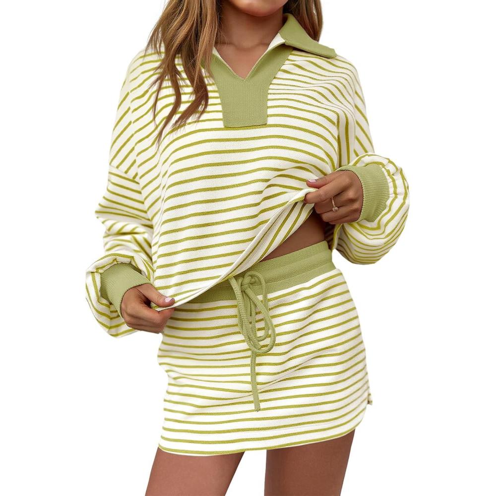 image:imageFisoew Womens Striped 2 Piece Outfits Casual Sweatshirt Skirt Set Long Sleeve Skort Workout Set Matching Lounge SetsLight Green