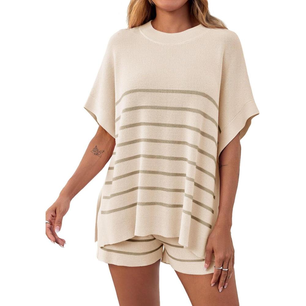 image:imageFisoew Womens Striped 2 Piece Outfits Oversized Batwing Short Sleeve Tops High Waisted Shorts Summer Knit Lounge Short SetsApricot