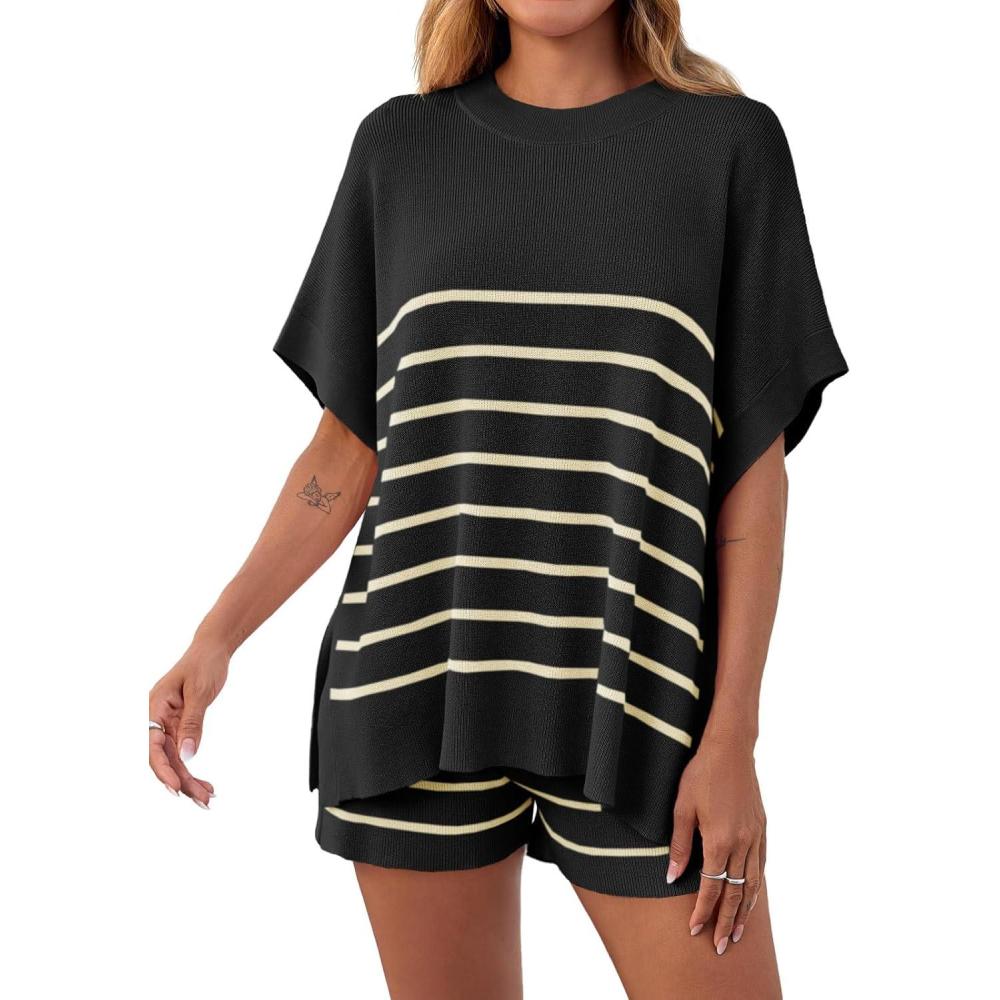 image:imageFisoew Womens Striped 2 Piece Outfits Oversized Batwing Short Sleeve Tops High Waisted Shorts Summer Knit Lounge Short SetsBlack