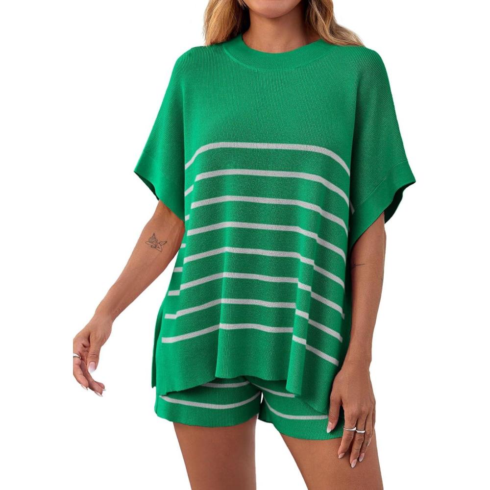image:imageFisoew Womens Striped 2 Piece Outfits Oversized Batwing Short Sleeve Tops High Waisted Shorts Summer Knit Lounge Short SetsGreen