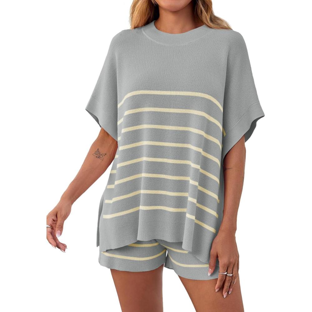 image:imageFisoew Womens Striped 2 Piece Outfits Oversized Batwing Short Sleeve Tops High Waisted Shorts Summer Knit Lounge Short SetsLight Grey