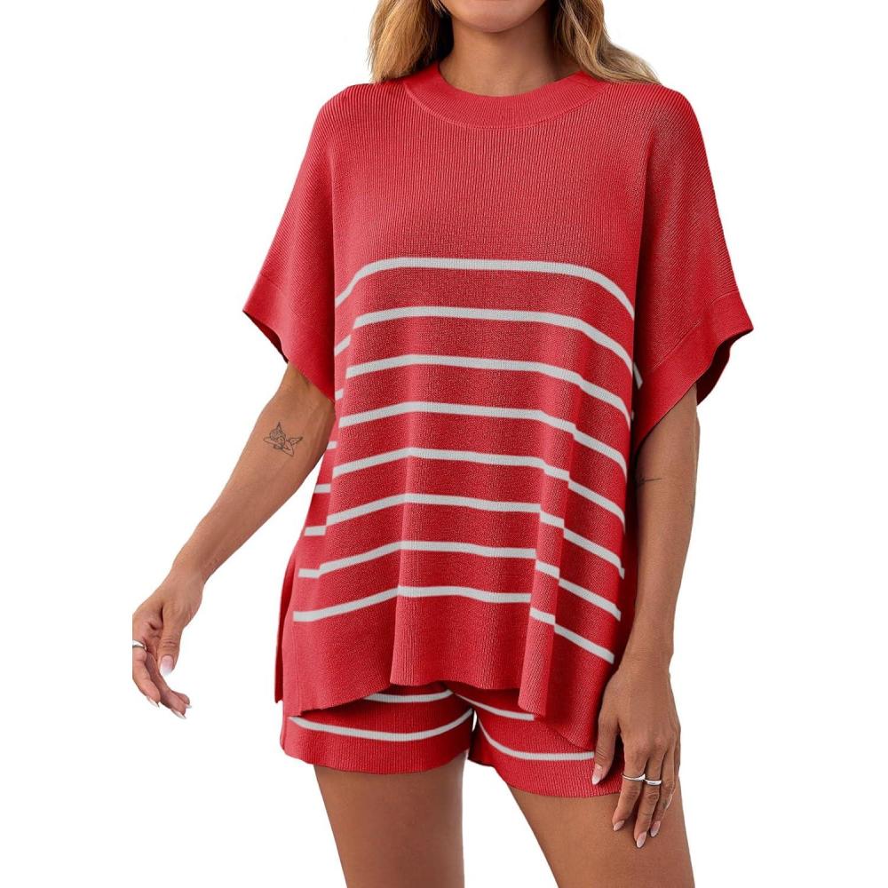 image:imageFisoew Womens Striped 2 Piece Outfits Oversized Batwing Short Sleeve Tops High Waisted Shorts Summer Knit Lounge Short SetsRed