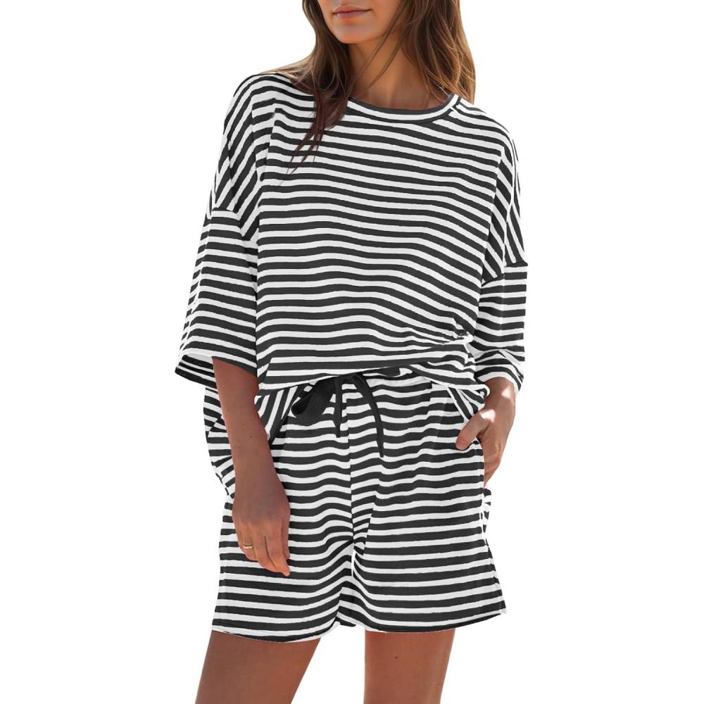 image:imageFisoew Womens Striped 2 Piece Outfits Sweatsuits 34 Sleeve Oversized Tops High Waisted Shorts Casual Lounge SetsBlack