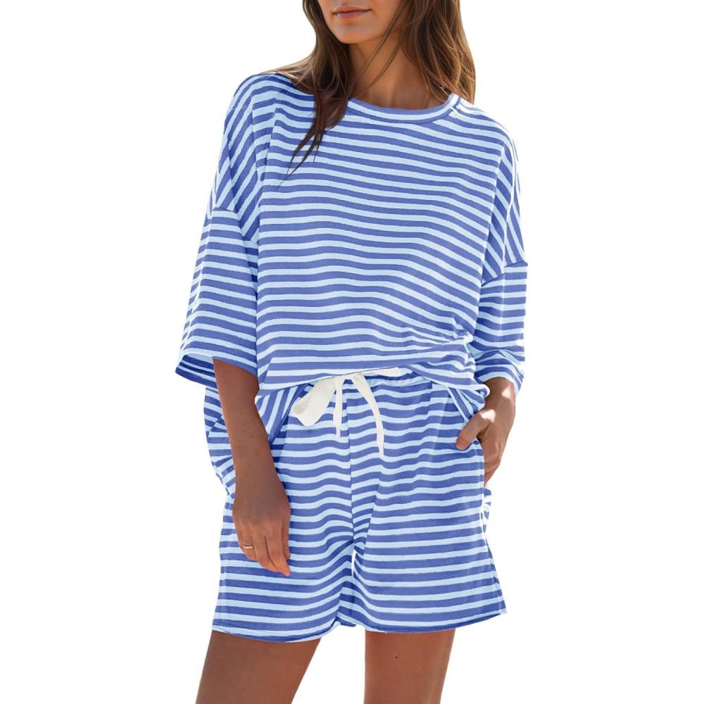 image:imageFisoew Womens Striped 2 Piece Outfits Sweatsuits 34 Sleeve Oversized Tops High Waisted Shorts Casual Lounge SetsBlue