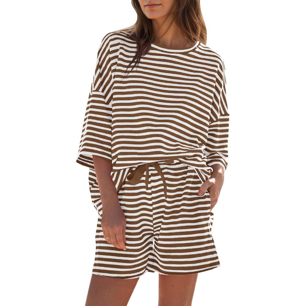 image:imageFisoew Womens Striped 2 Piece Outfits Sweatsuits 34 Sleeve Oversized Tops High Waisted Shorts Casual Lounge SetsBrown