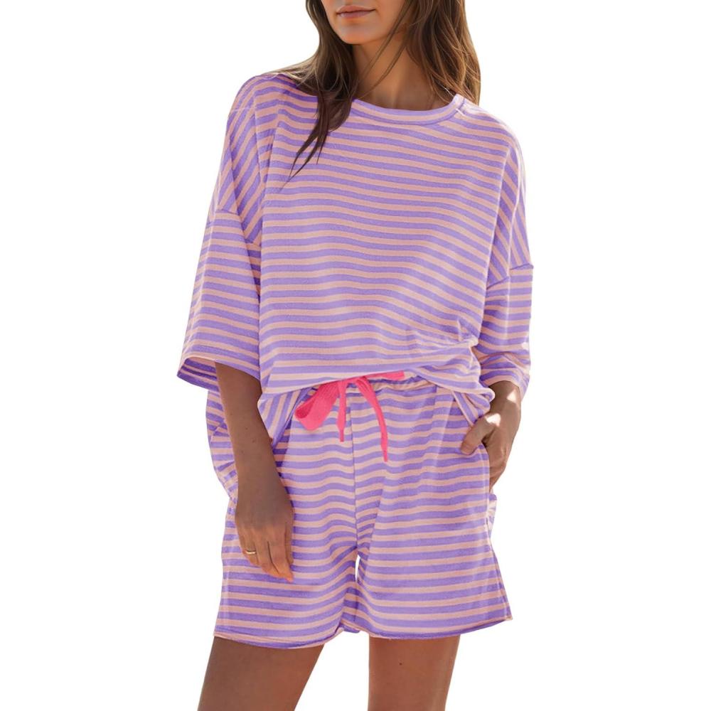 image:imageFisoew Womens Striped 2 Piece Outfits Sweatsuits 34 Sleeve Oversized Tops High Waisted Shorts Casual Lounge SetsPurple