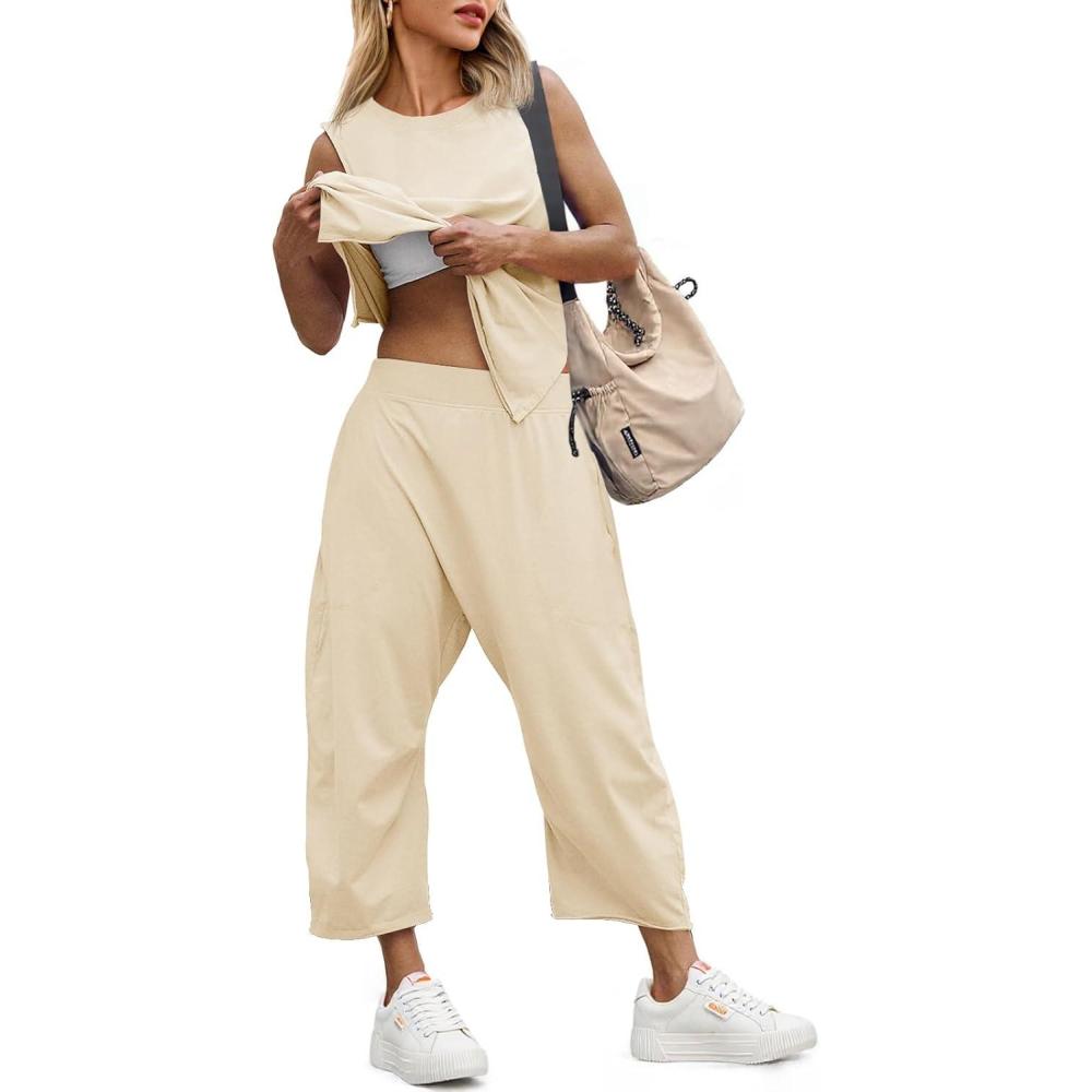 image:imageFisoew Womens Summer 2 Piece Outfits Sleeveless Tank Tops and Wide Leg Pocketed Pants Workout Sweat SetsBeige