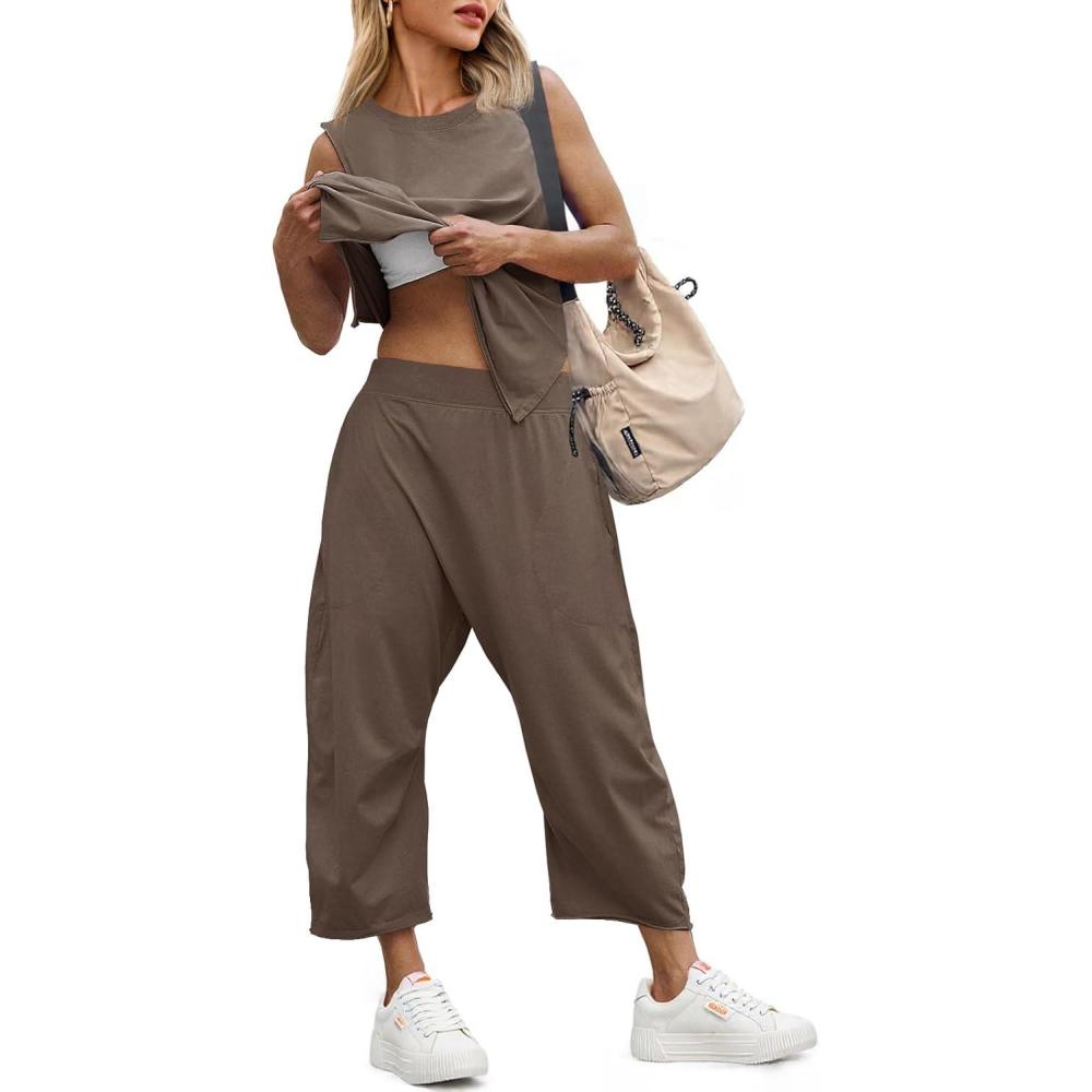 image:imageFisoew Womens Summer 2 Piece Outfits Sleeveless Tank Tops and Wide Leg Pocketed Pants Workout Sweat SetsBrown