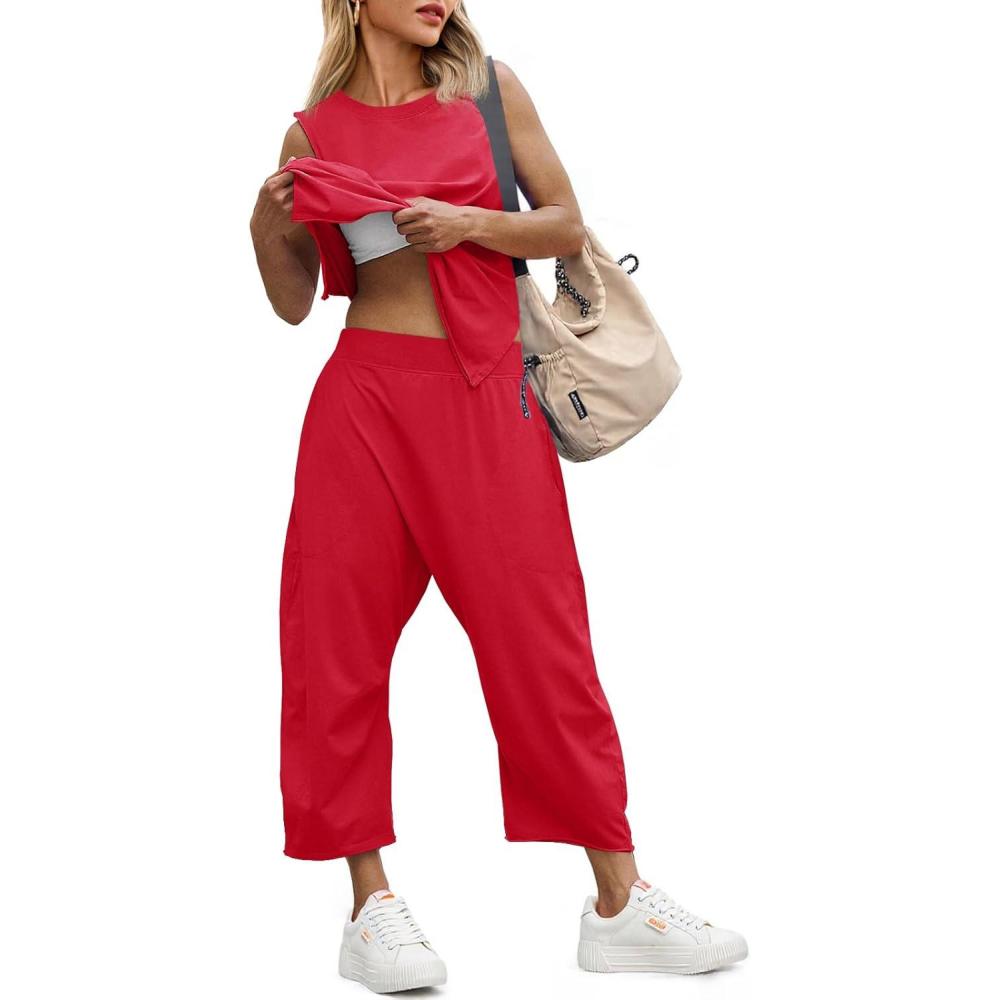image:imageFisoew Womens Summer 2 Piece Outfits Sleeveless Tank Tops and Wide Leg Pocketed Pants Workout Sweat SetsRed