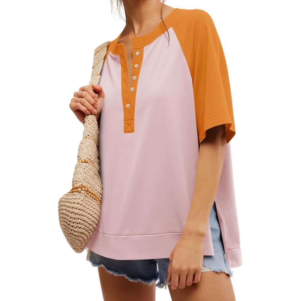 image:imageFisoew Womens Summer Color Block Tops Raglan Short Sleeve Crewneck Loose Fit Side Slit T Shirts Tees PinkOrange