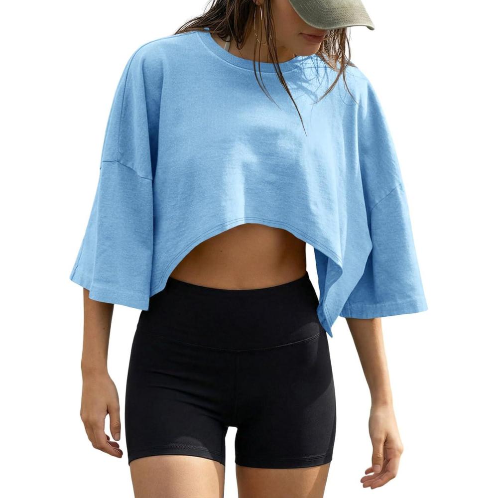 image:imageFisoew Womens Summer Cropped Tops Casual Short Sleeve Drop Shoulder Loose Fit Lightweight Crop Workout T ShirtsBlue