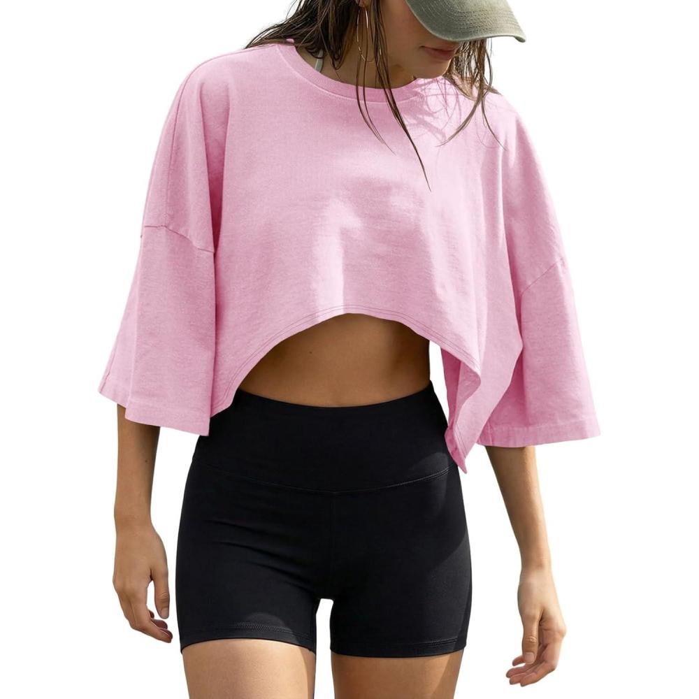 image:imageFisoew Womens Summer Cropped Tops Casual Short Sleeve Drop Shoulder Loose Fit Lightweight Crop Workout T ShirtsPink