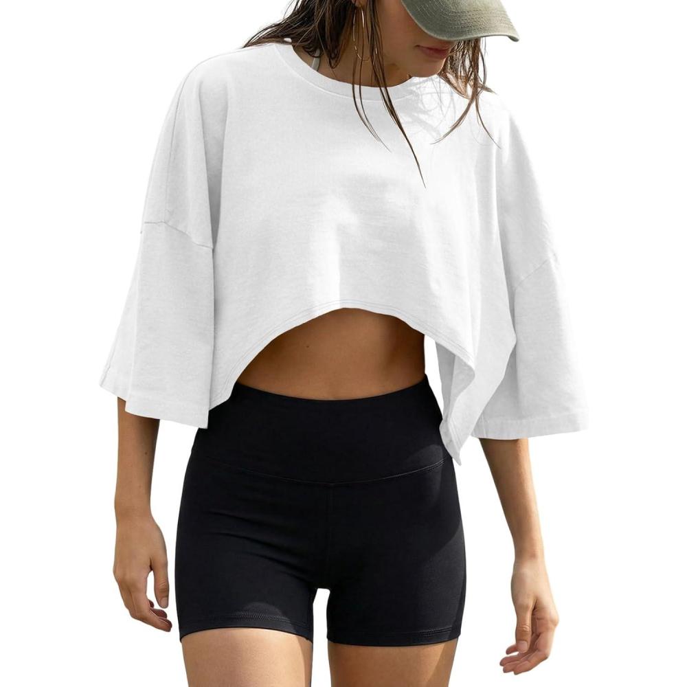 image:imageFisoew Womens Summer Cropped Tops Casual Short Sleeve Drop Shoulder Loose Fit Lightweight Crop Workout T ShirtsWhite