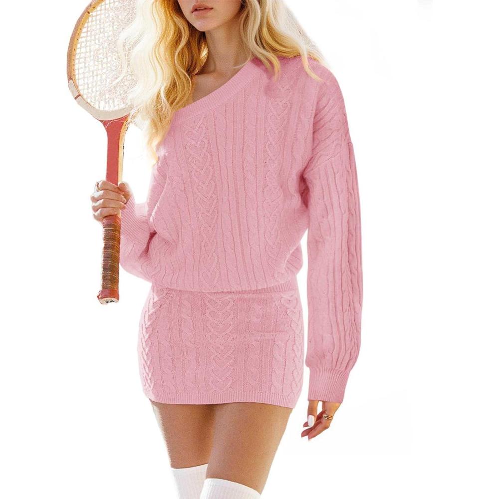 image:imageFisoew Womens Sweater Dress Casual Puff Sleeve Crewneck Cable Knit Loose Workout Fall Mini DressesPink