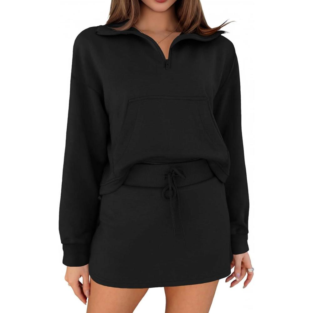 image:imageFisoew Womens Sweatsuits 2 Piece Outfits Quarter Zip Cropped Sweatshirts Casual Mini Skorts Lounge Wear Skirts SetsBlack