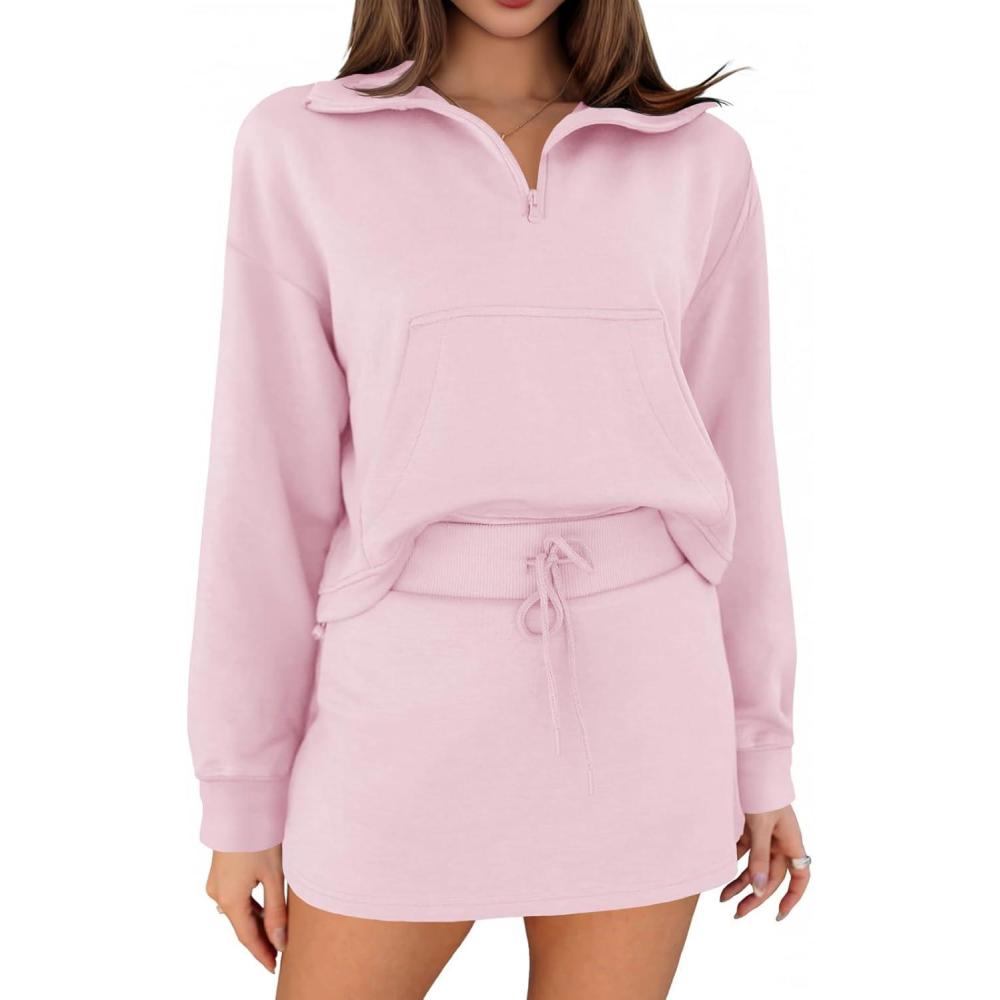 image:imageFisoew Womens Sweatsuits 2 Piece Outfits Quarter Zip Cropped Sweatshirts Casual Mini Skorts Lounge Wear Skirts SetsPink