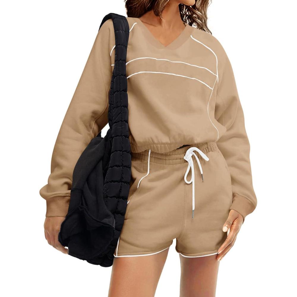 image:imageFisoew Womens Sweatsuits 2 Piece Outfits V Neck Fleece Sweatshirts Contrast High Waisted Shorts Casual Tracksuits Lounge SetsKhaki