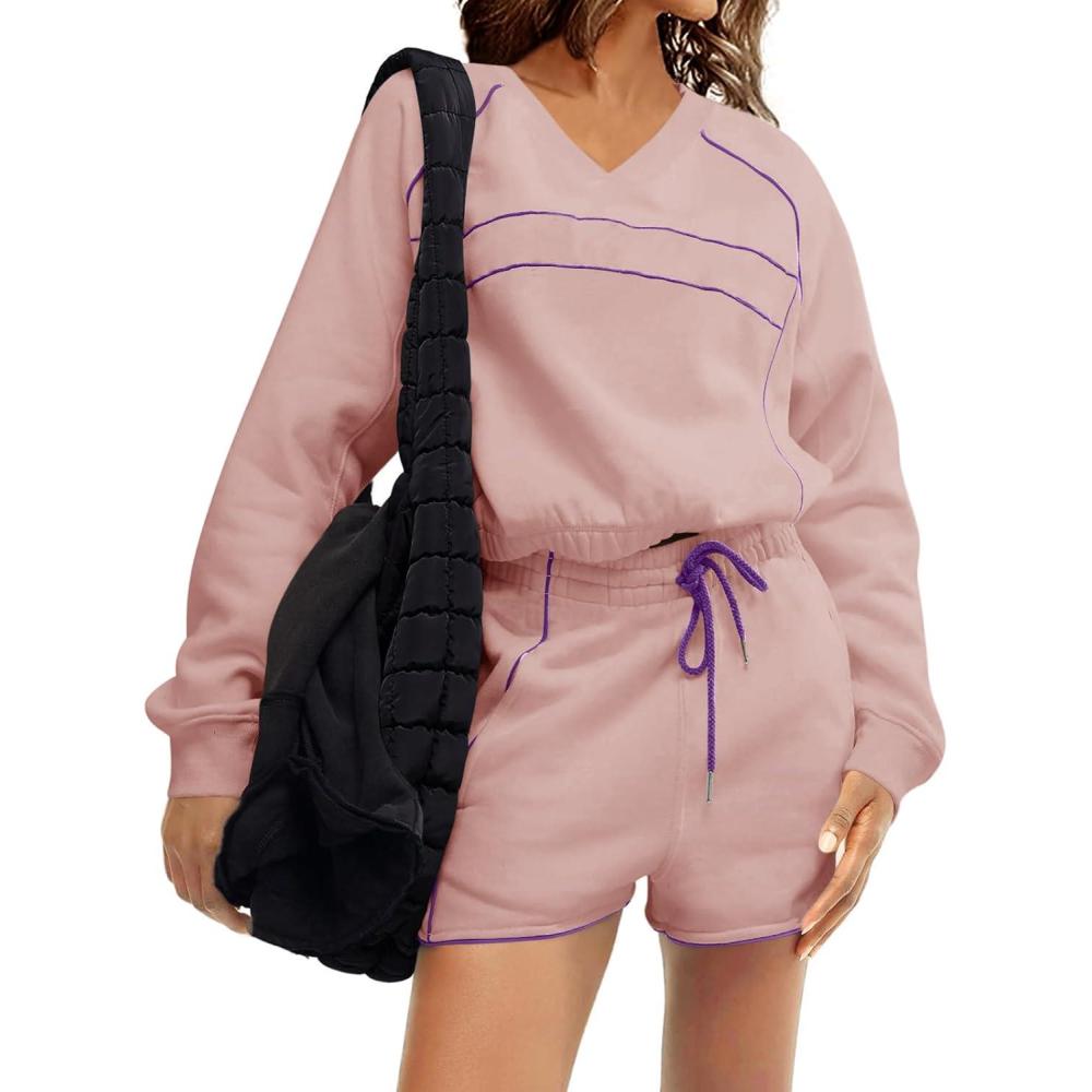 image:imageFisoew Womens Sweatsuits 2 Piece Outfits V Neck Fleece Sweatshirts Contrast High Waisted Shorts Casual Tracksuits Lounge SetsPink
