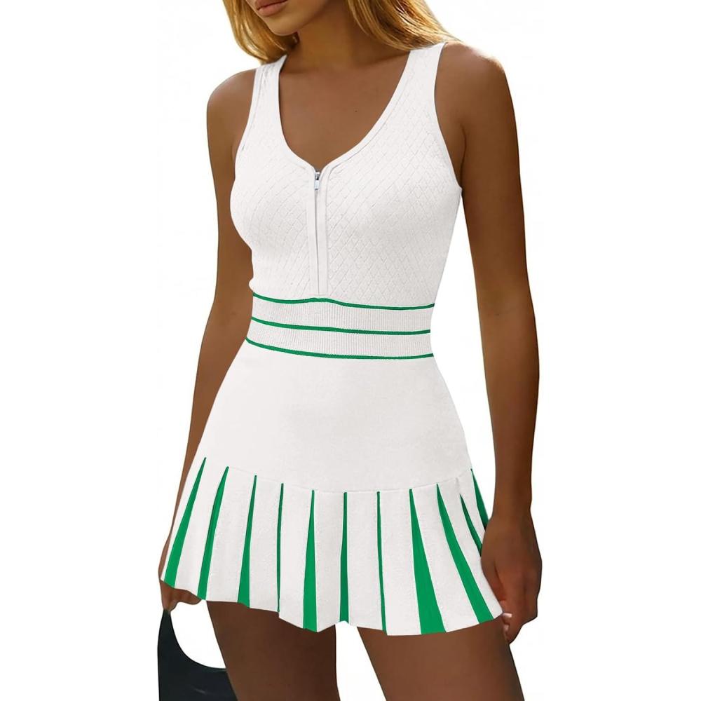 image:imageFisoew Womens Tennis Mini Dress Summer Sleeveless Half Zipper Elastic Waist Athletic Workout Knit Pleated DressesWhite