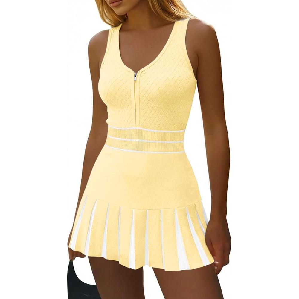 image:imageFisoew Womens Tennis Mini Dress Summer Sleeveless Half Zipper Elastic Waist Athletic Workout Knit Pleated DressesYellow