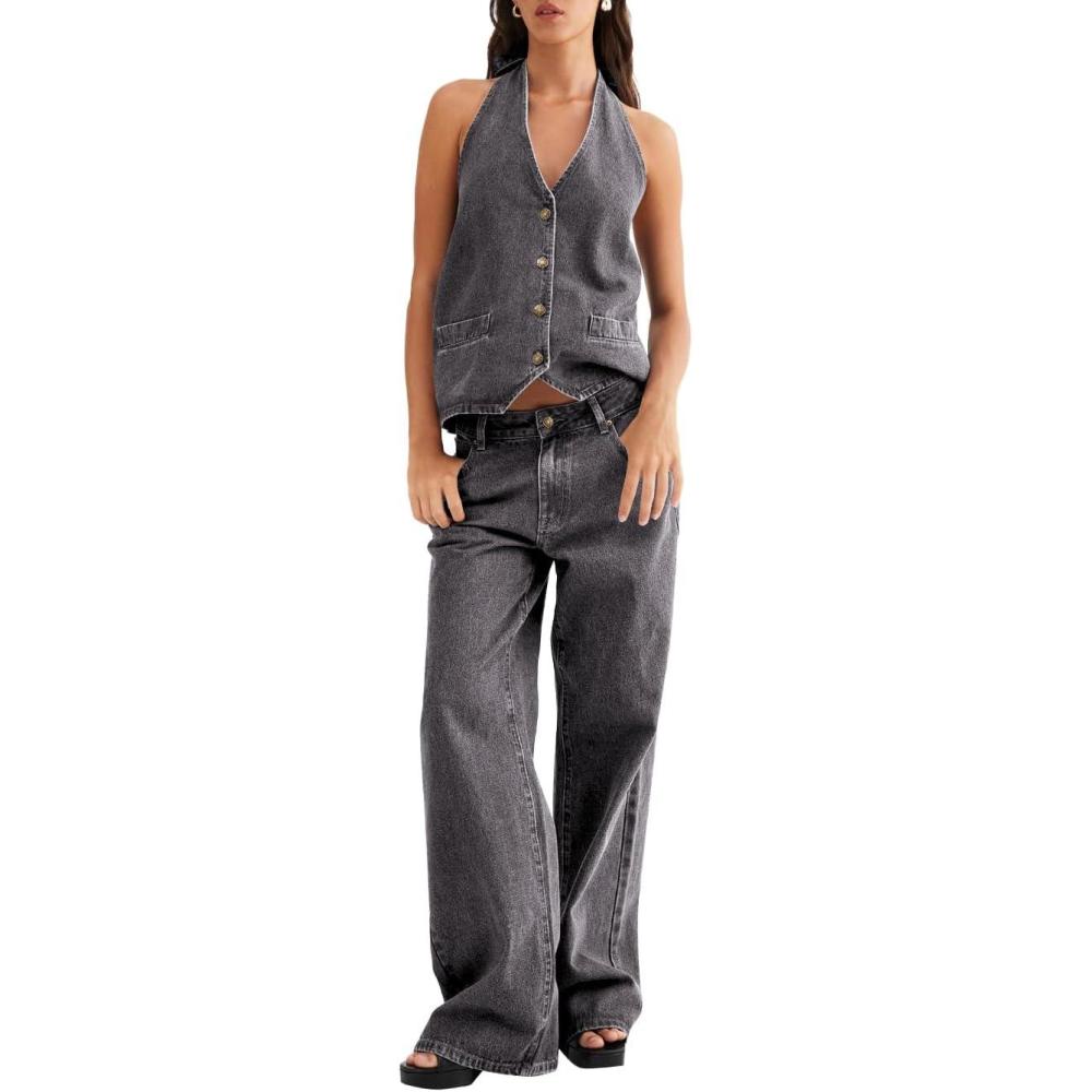 image:imageFisoew Womens Two Piece Denim Set Button Down Backless Tank Top and Wide Leg Jeans 2 Piece Outfit SuitsGrey