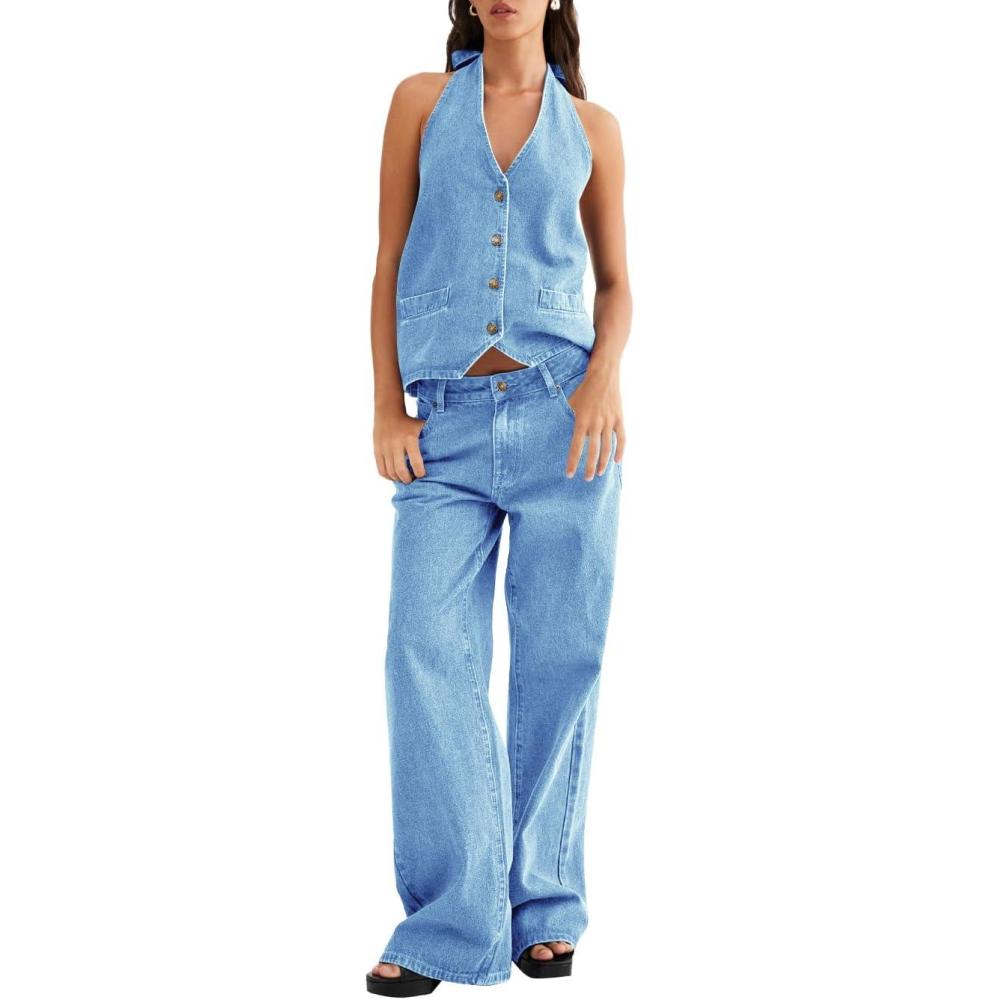 image:imageFisoew Womens Two Piece Denim Set Button Down Backless Tank Top and Wide Leg Jeans 2 Piece Outfit SuitsLight Blue