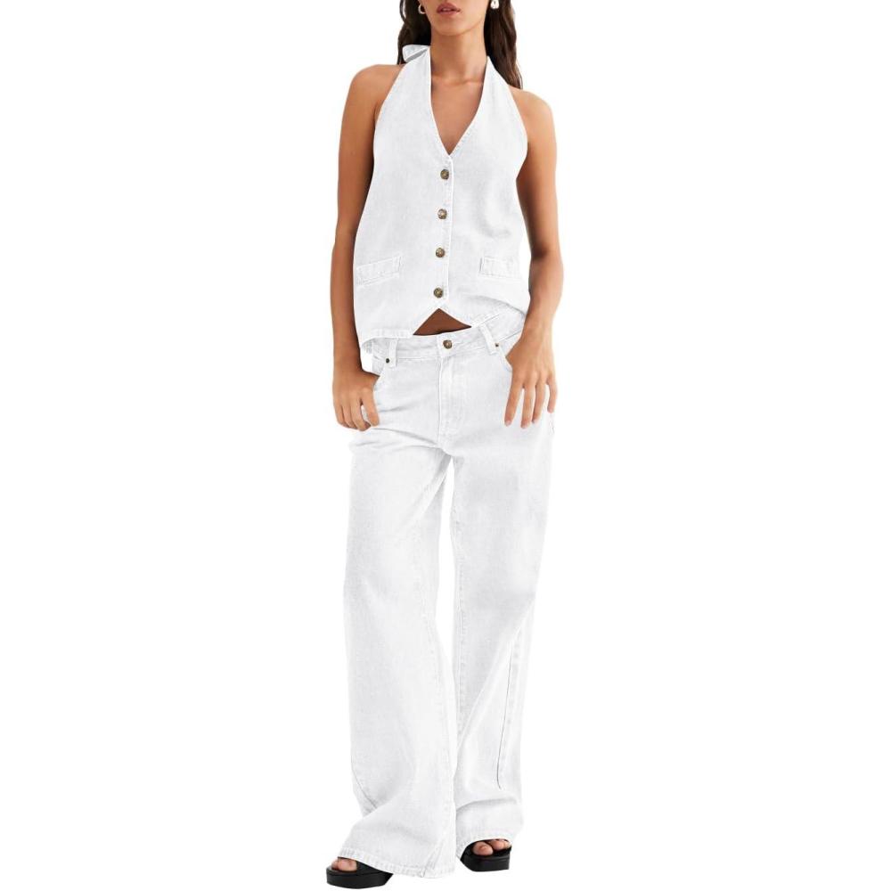 image:imageFisoew Womens Two Piece Denim Set Button Down Backless Tank Top and Wide Leg Jeans 2 Piece Outfit SuitsWhite