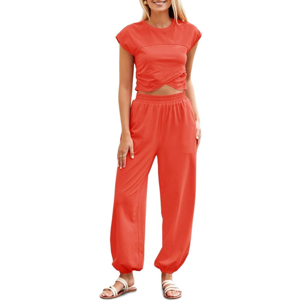 image:imageFisoew Womens Two Piece Outfits Casual Lounge Sets Crop Tops and Joggers Tracksuit with PocketsCoral