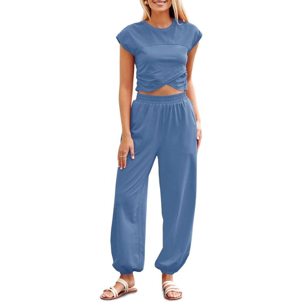 image:imageFisoew Womens Two Piece Outfits Casual Lounge Sets Crop Tops and Joggers Tracksuit with PocketsNavy