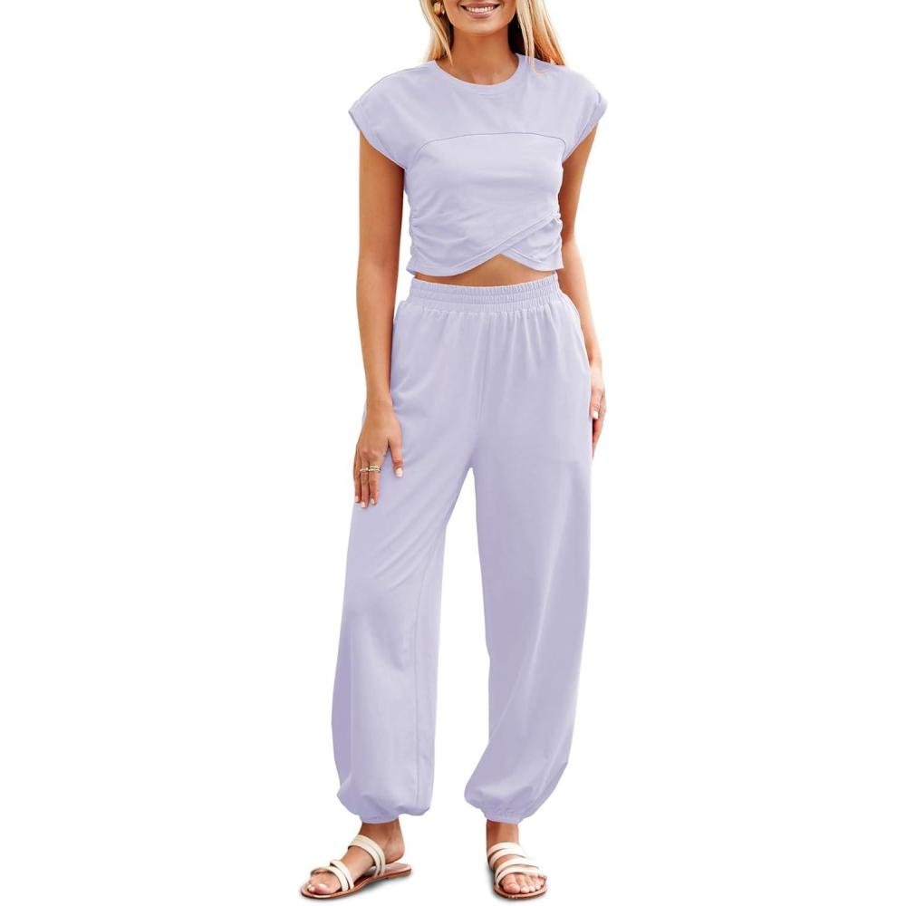 image:imageFisoew Womens Two Piece Outfits Casual Lounge Sets Crop Tops and Joggers Tracksuit with PocketsViolet