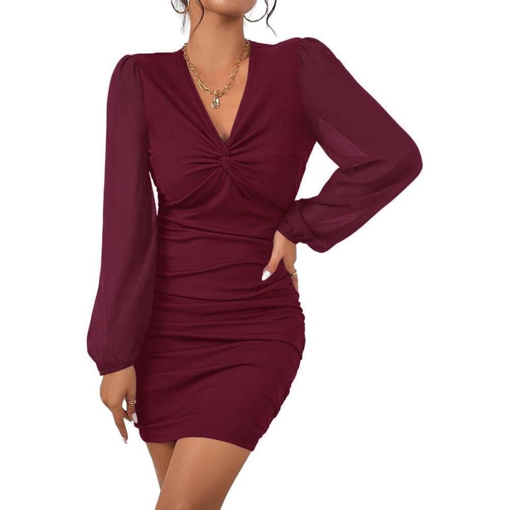 image:imageFisoew Womens V Neck Party Dresses Slim Fitted Long Sleeve Twist Knot Ribbed Mini Club Bodycon DressWine Red