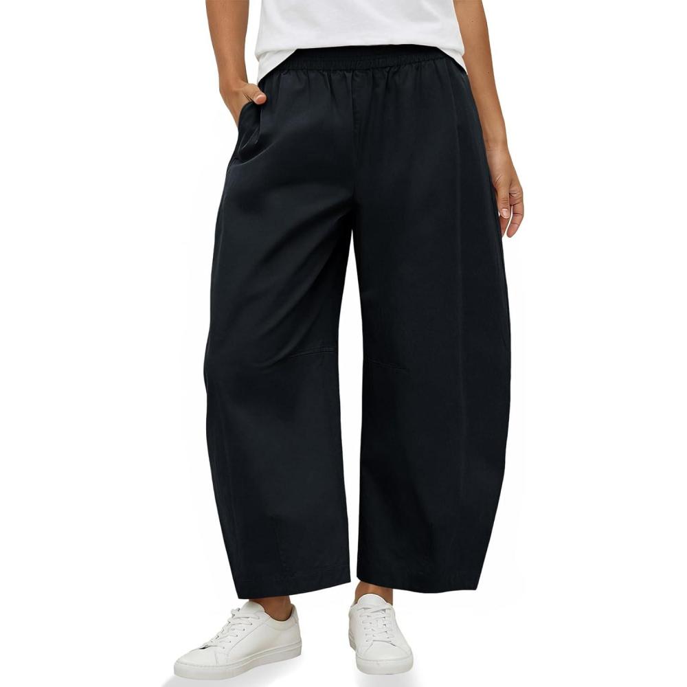 image:imageFisoew Womens Wide Leg Barrel Pants Summer High Waisted Harem Pants Casual Cotton Baggy Trousers with PocketsBlack