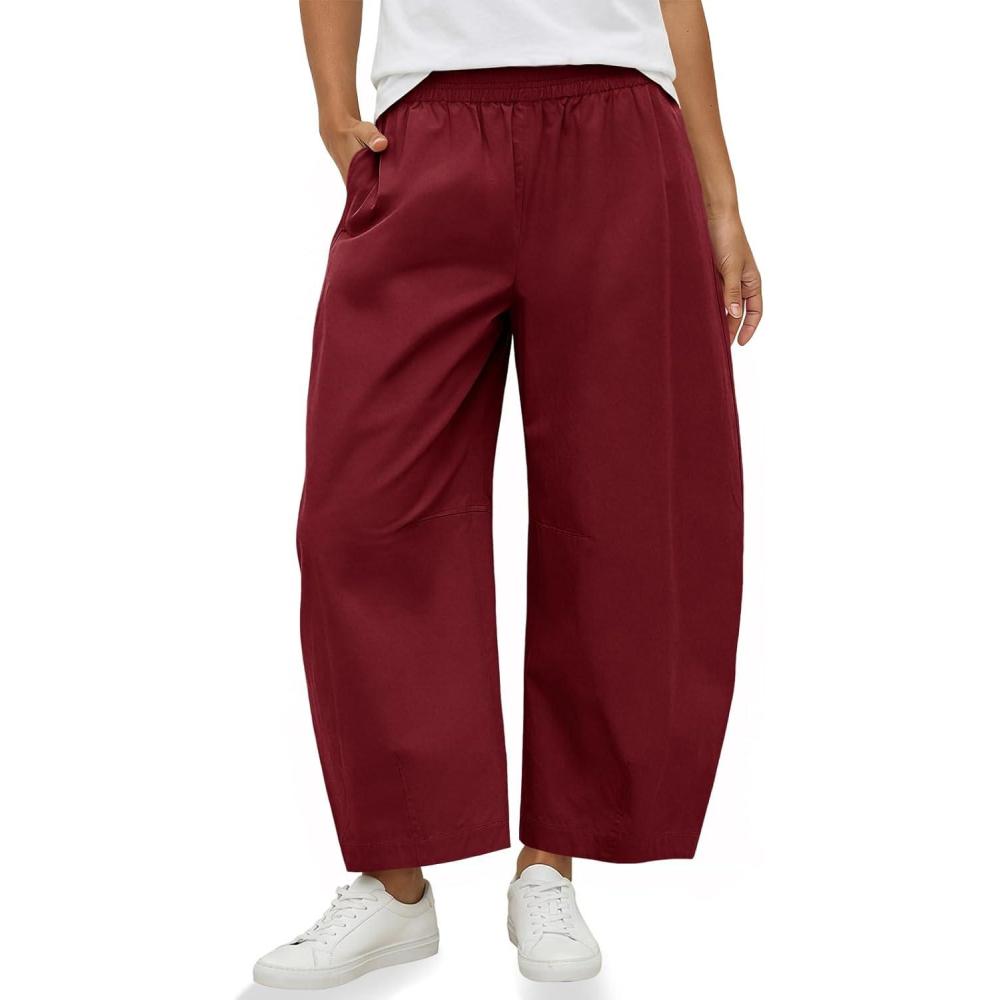image:imageFisoew Womens Wide Leg Barrel Pants Summer High Waisted Harem Pants Casual Cotton Baggy Trousers with PocketsBrick Red