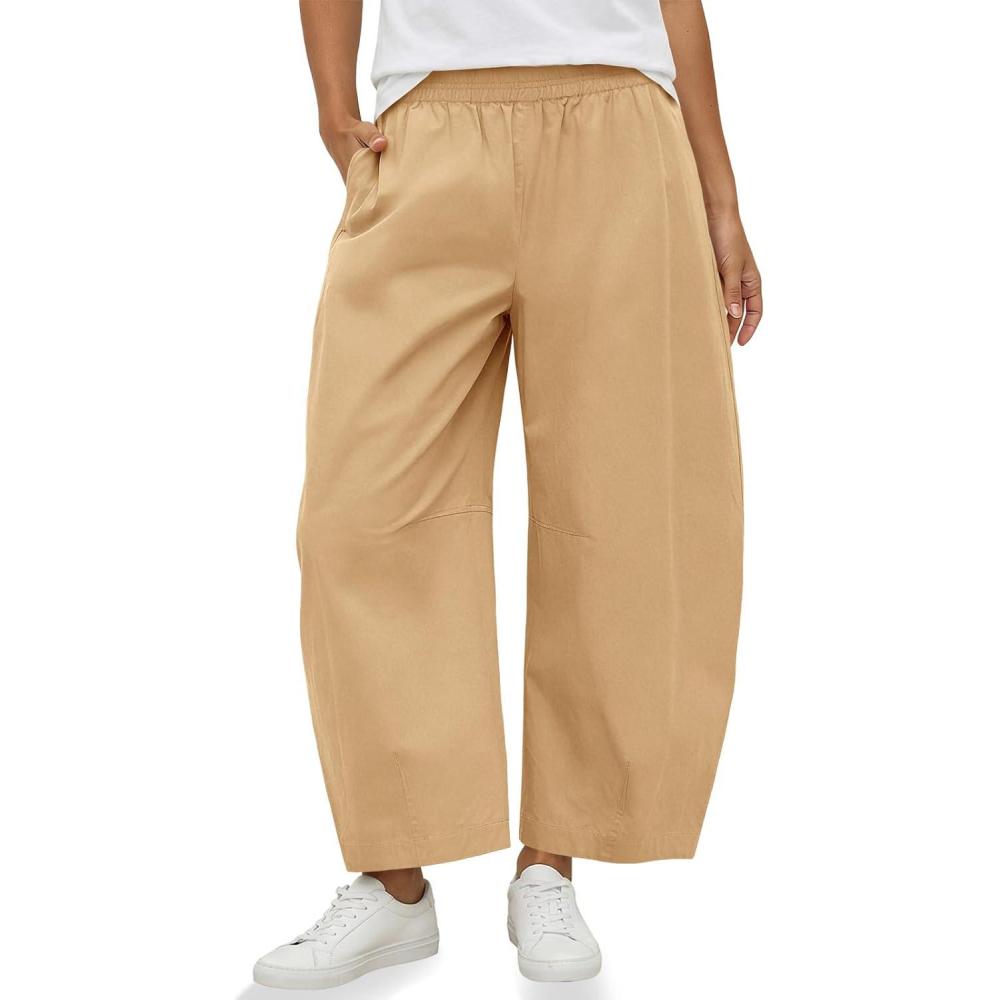 image:imageFisoew Womens Wide Leg Barrel Pants Summer High Waisted Harem Pants Casual Cotton Baggy Trousers with PocketsKhaki