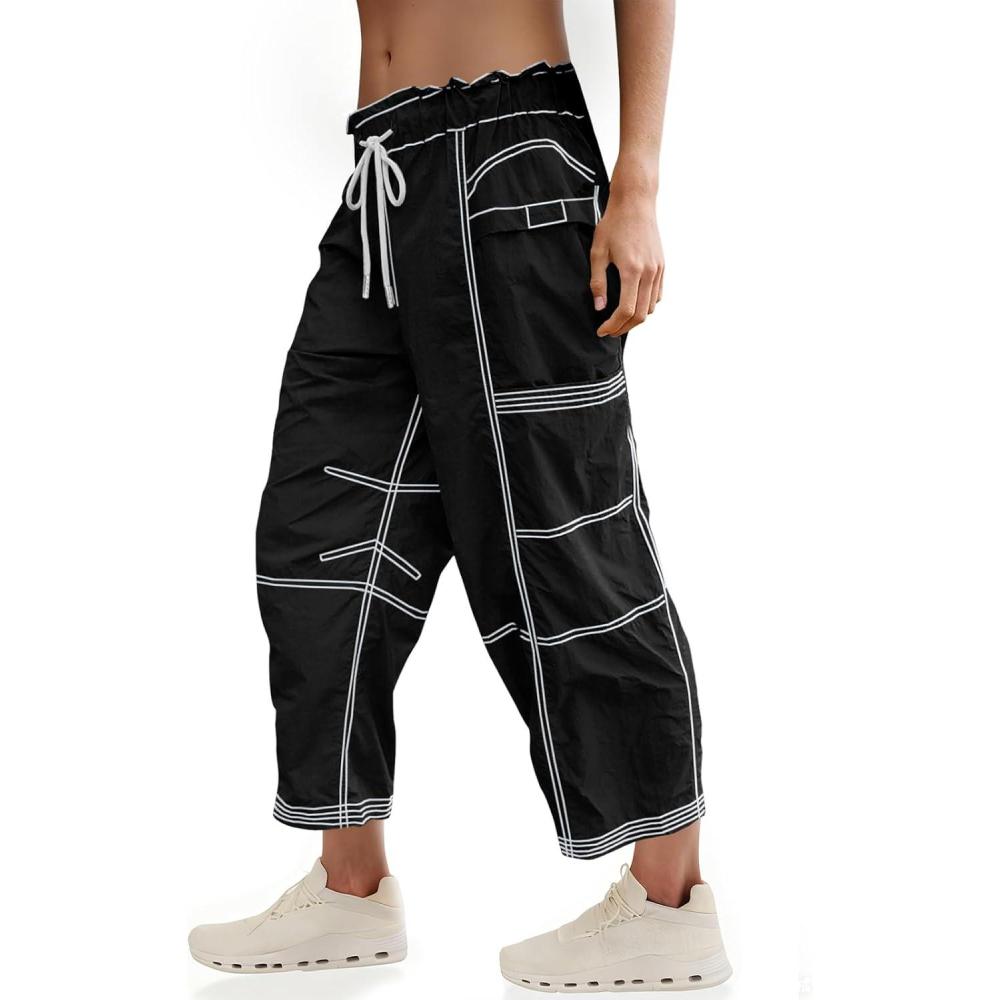 image:imageFisoew Womens Wide Leg Cargo Pants Elastic Waist Water Resistant Contrast Stitch Loose Hiking Joggers with PocketsBlack