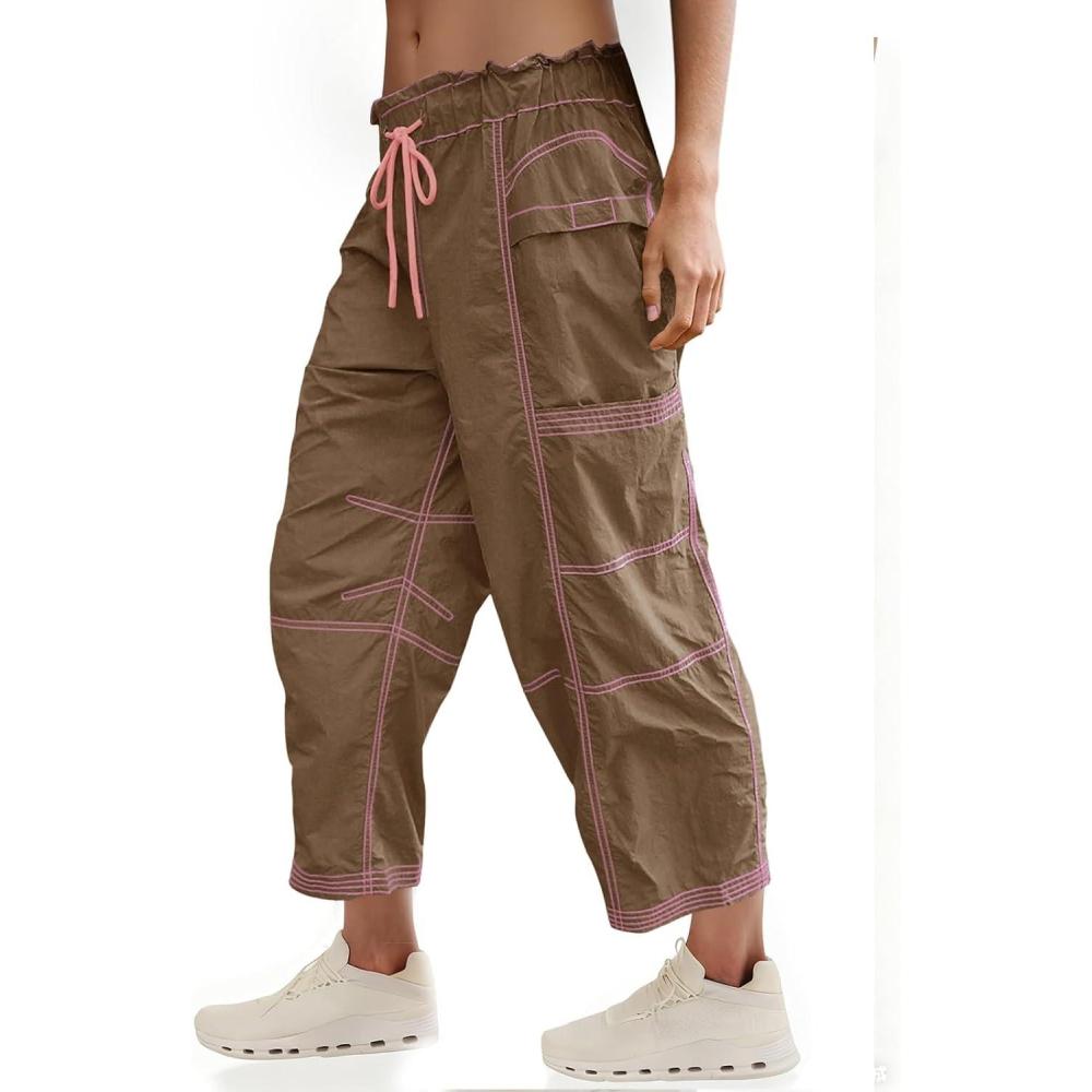 image:imageFisoew Womens Wide Leg Cargo Pants Elastic Waist Water Resistant Contrast Stitch Loose Hiking Joggers with PocketsBrown