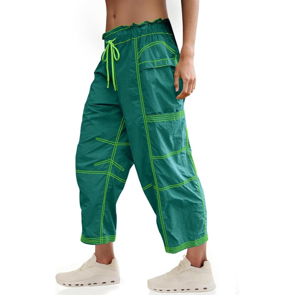image:imageFisoew Womens Wide Leg Cargo Pants Elastic Waist Water Resistant Contrast Stitch Loose Hiking Joggers with PocketsGreen
