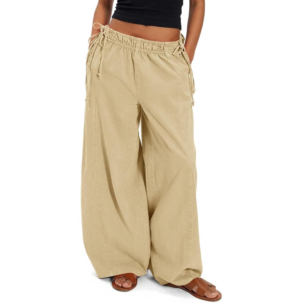 image:imageFisoew Womens Wide Leg Casual Pants Summer Drawstring Elastic Waist Loose Cotton Pants with PocketsKhaki