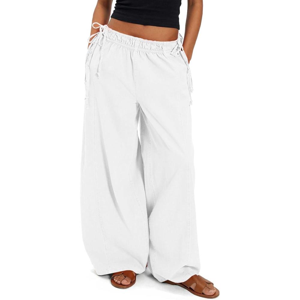 image:imageFisoew Womens Wide Leg Casual Pants Summer Drawstring Elastic Waist Loose Cotton Pants with PocketsWhite