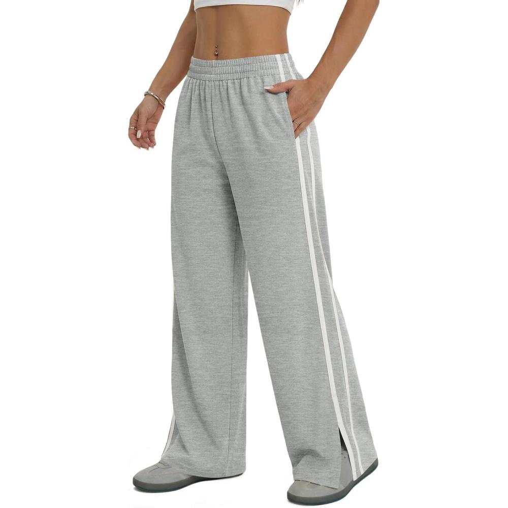 image:imageFisoew Womens Wide Leg Pants Casual Baggy Elastic Waist Side Slit Contrast Stitch Loose Workout Sweat Pants with PocketsGrey