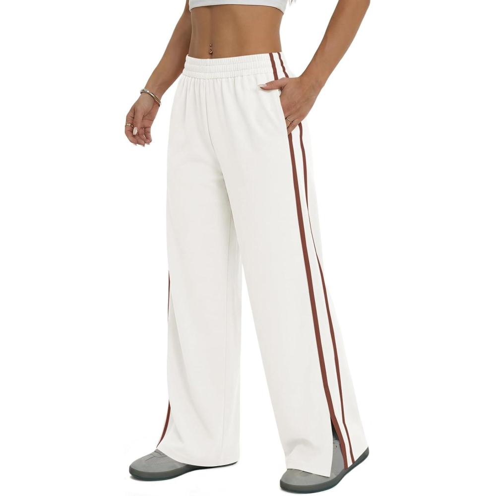 image:imageFisoew Womens Wide Leg Pants Casual Baggy Elastic Waist Side Slit Contrast Stitch Loose Workout Sweat Pants with PocketsWhite