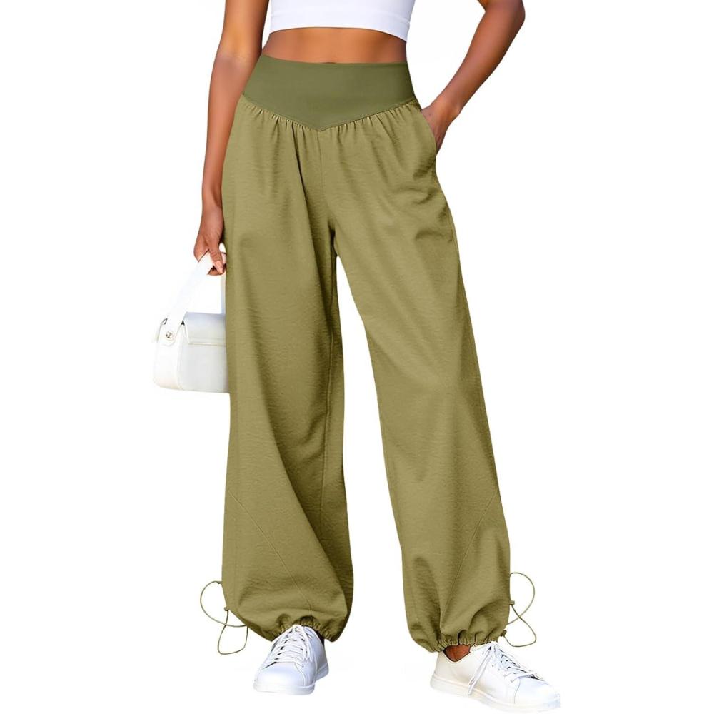 image:imageFisoew Womens Wide Leg Pants Casual High Waist Baggy Track Pants Loose Fit Drawstring Cuffs Lounge Pant with PocketsArmy Green