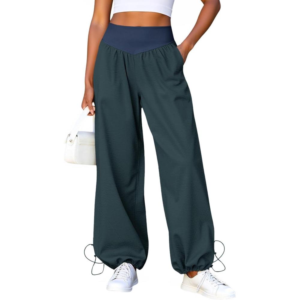 image:imageFisoew Womens Wide Leg Pants Casual High Waist Baggy Track Pants Loose Fit Drawstring Cuffs Lounge Pant with PocketsNavy