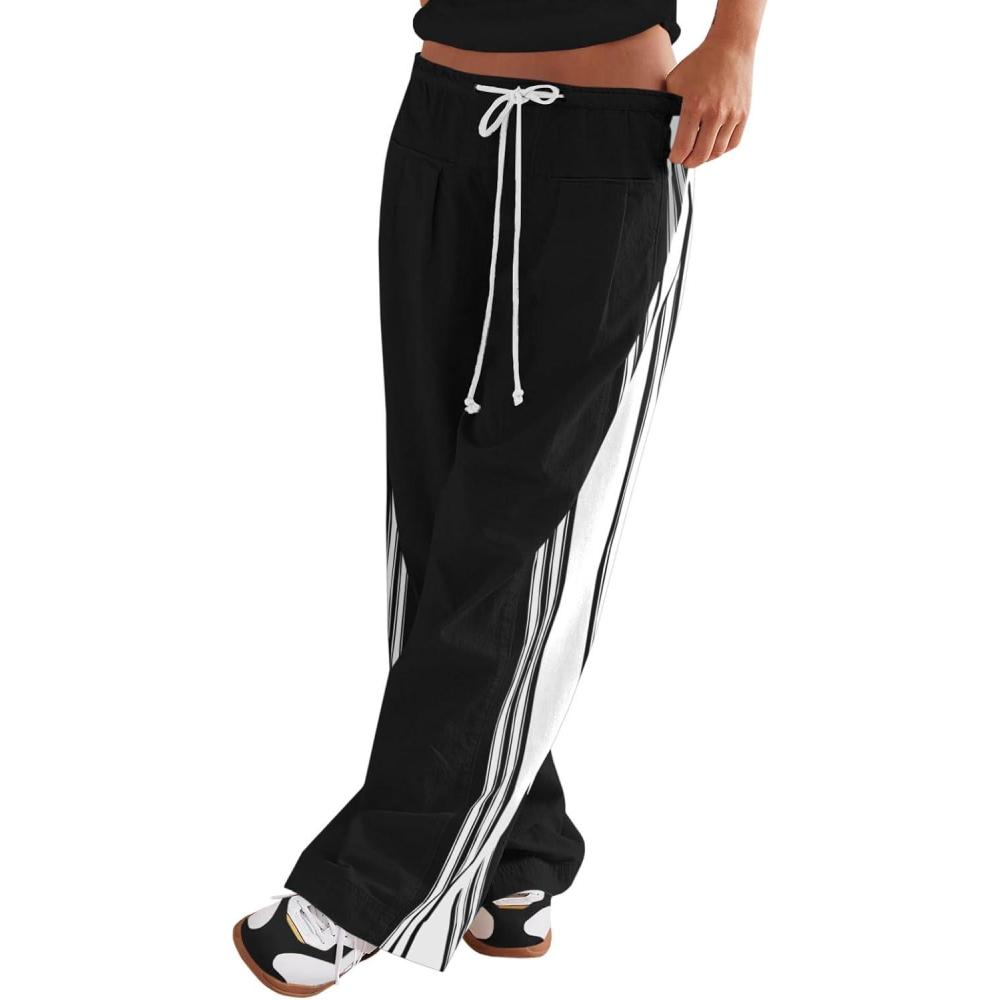 image:imageFisoew Womens Wide Leg Pants Drawstring High Waisted Striped Baggy Palazzo Track Pants with PocketsBlack