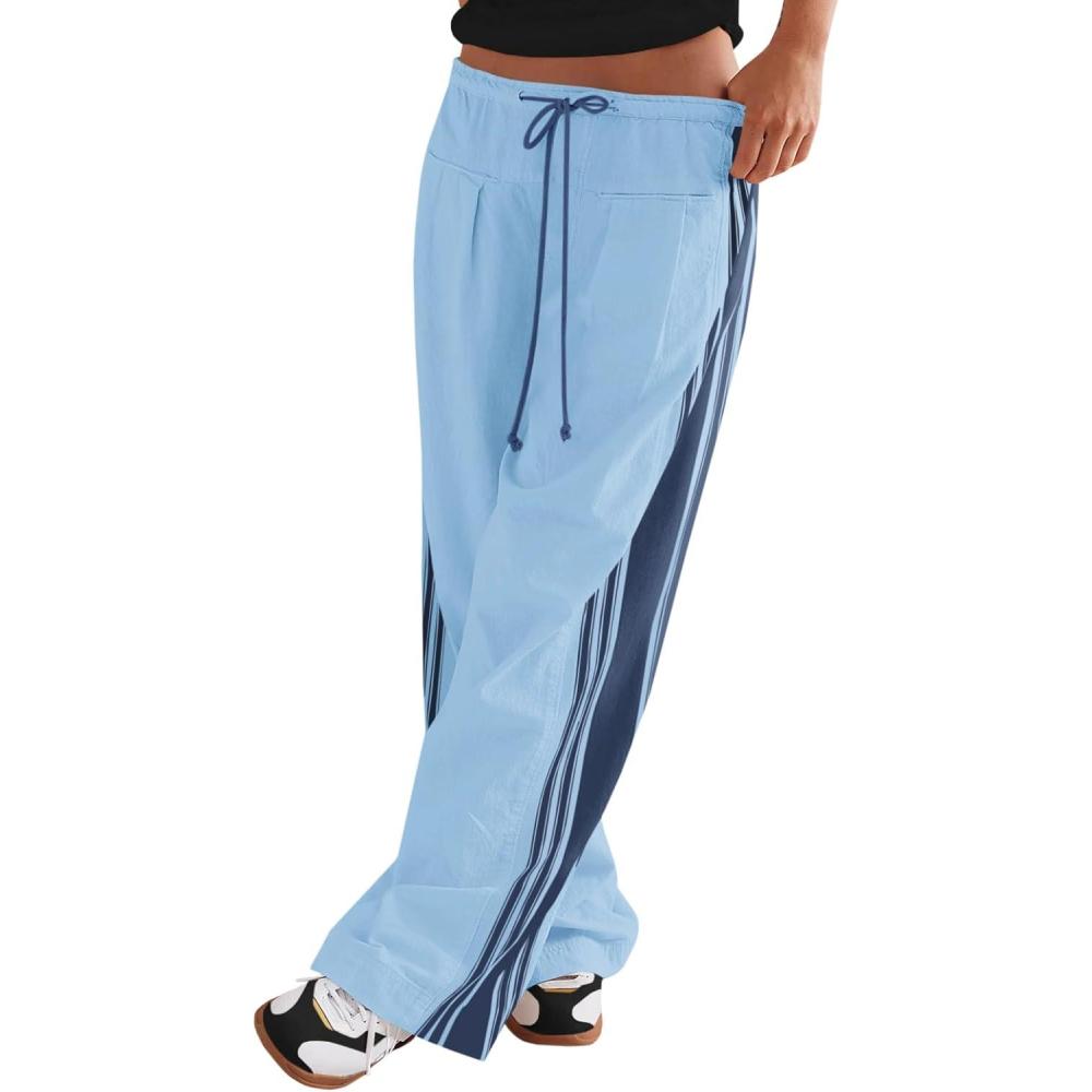 image:imageFisoew Womens Wide Leg Pants Drawstring High Waisted Striped Baggy Palazzo Track Pants with PocketsLight Blue