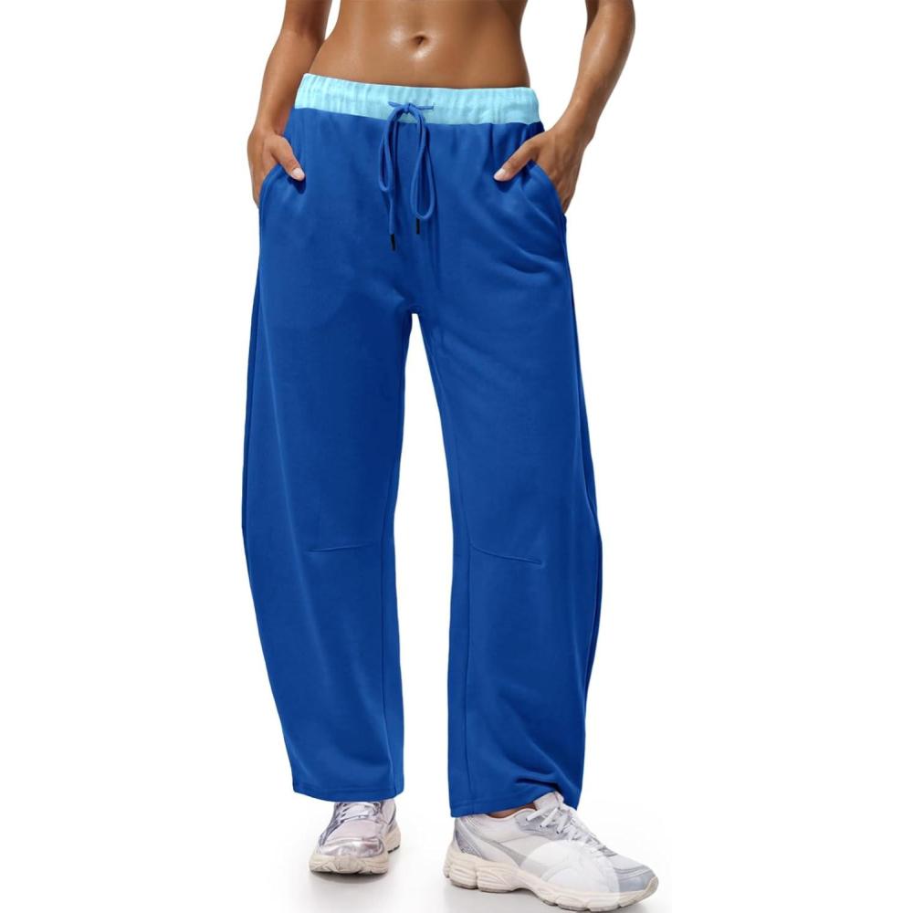 image:imageFisoew Womens Wide Leg Sweatpants Baggy Drawstring Elastic Waisted Travel Track Pants Color Block Joggers with PocketsBlue