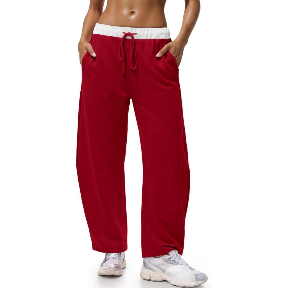 image:imageFisoew Womens Wide Leg Sweatpants Baggy Drawstring Elastic Waisted Travel Track Pants Color Block Joggers with PocketsRed