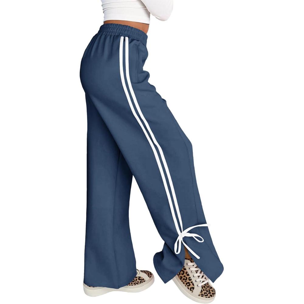 image:imageFisoew Womens Wide Leg Sweatpants High Waisted Side Slit Lounge Travel Track Pants Striped Baggy with PocketsNavy