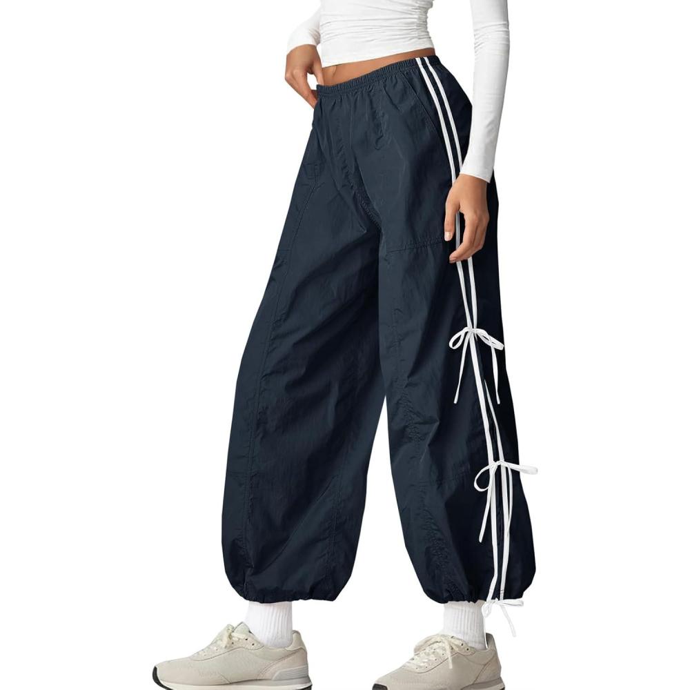 image:imageFisoew Womens Wide Leg Track Pants Casual Elastic Waist Bow Tie Y2K Baggy Sweatpants with Pockets Navy