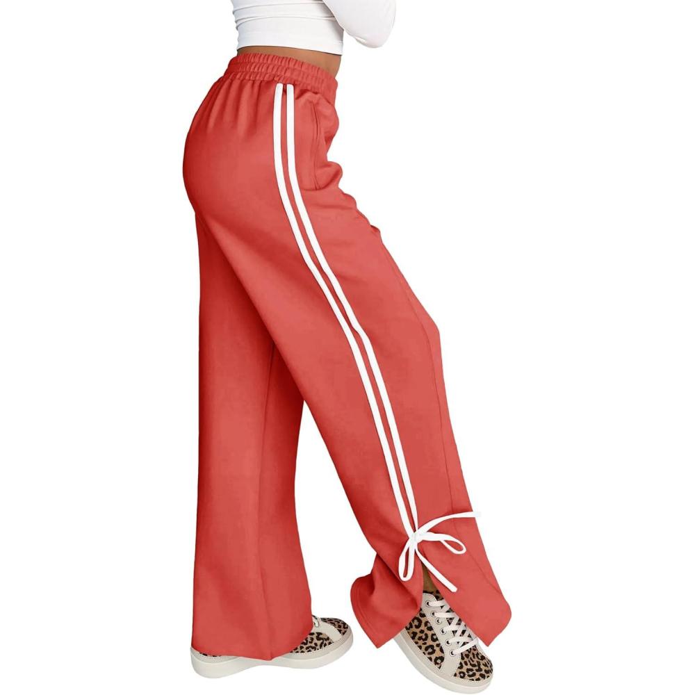 image:imageFisoew Womens Wide Leg Track Pants High Waisted Side Slit Striped Baggy Sweatpants with Pockets Red